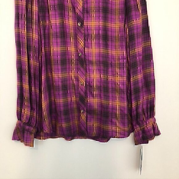 NEW NWT DEMOCRACY Long Sleeve Ruffle Neckband Plaid Button Down Shirt Purple S - Picture 6 of 13